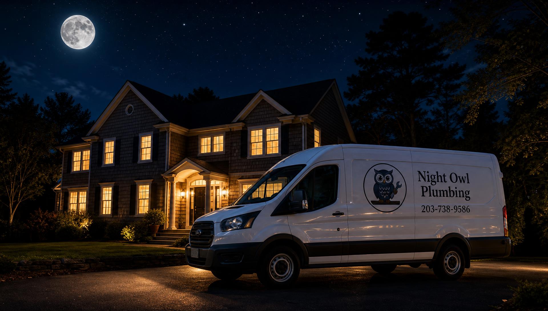 Night Owl Plumbing van parked in the driveway of a warmly lit Connecticut home under a full moon