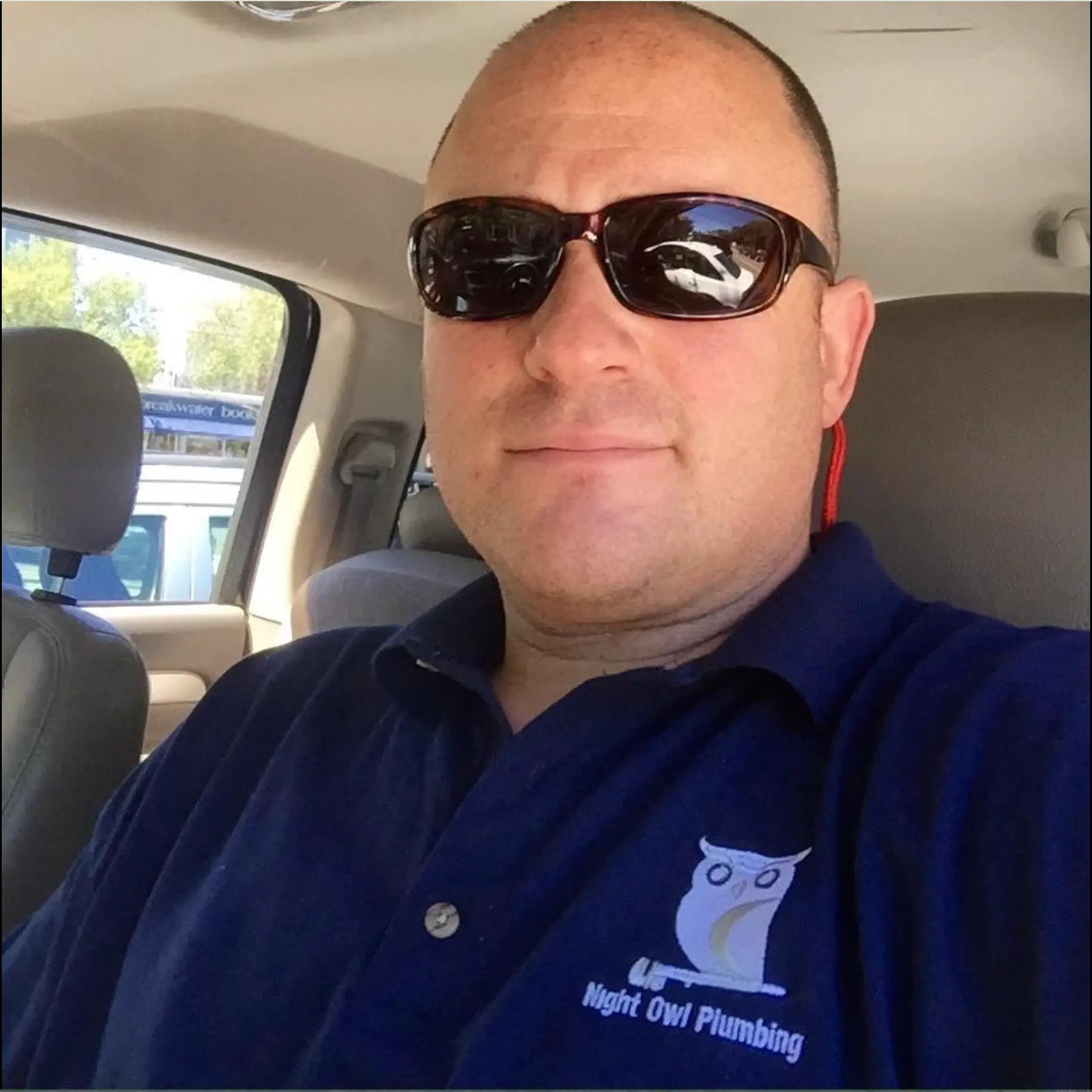 Steve Fischbach, owner and operator of Night Owl Plumbing, in his work van